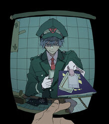  1boy 1other aki_(abblim) biting_own_lip blue_hair bribery collared_shirt film_grain foreshortening gloves hair_between_eyes hat ink_stamp jack-o&#039;_ran-tan male_focus military military_uniform money napoli_no_otokotachi necktie notebook papers_please passport peaked_cap pov pov_hands red_necktie shirt solo_focus uniform white_gloves white_shirt 