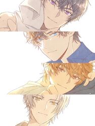  4boys absurdres artem_wing_(tears_of_themis) black_hair blue_eyes blue_shirt brown_eyes brown_hair closed_mouth highres jiukuzi18797 looking_at_viewer luke_pearce_(tears_of_themis) male_focus marius_von_hagen_(tears_of_themis) mole mole_under_eye multiple_boys polo_shirt purple_eyes purple_hair shirt simple_background smile sweat tears_of_themis towel vyn_richter_(tears_of_themis) white_background white_hair white_shirt yellow_eyes 