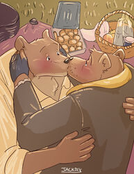  2023 absurd_res anthro bear black_nose blush bolero_(ernest_and_celestine) brown_body clothing duo ernest_(ernest_and_celestine) ernest_and_celestine food hi_res hug humanoid_hands jackiry kissing male male/male mammal shirt topwear 