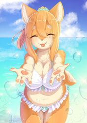  2020 4_fingers 848siba absurd_res anthro bikini black_nose breasts canid canine canis cleavage closed_eyes clothed clothing countershading digital_media_(artwork) domestic_dog female female_anthro fingers frilly frilly_clothing front_view fur hair happy hi_res inner_ear_fluff kemono mammal multicolored_body multicolored_fur navel neck_tuft open_mouth orange_body orange_fur orange_hair outside pawpads seaside shaded shiba_inu sky slightly_chubby solo spitz splash standing swimwear tan_body tan_fur tongue tuft two_tone_body two_tone_fur water wet 