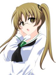  absurdres aikir_(jml5160) black_ribbon blouse brown_eyes brown_hair commentary empty_eyes female girls_und_panzer glasses hair_ribbon hand_on_own_face highres long_hair long_sleeves looking_at_viewer neckerchief ooarai_school_uniform oono_aya open_mouth ribbon rimless_eyewear round_eyewear sailor_collar school_uniform shirt simple_background solo twintails white_background white_sailor_collar white_shirt 