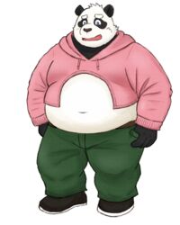  2020 4:5 anthro bear belly black_body black_fur blush bottomwear clothing fur giant_panda hi_res hoodie humanoid_hands kemono male mammal navel overweight overweight_anthro overweight_male pants simple_background solo topwear white_background white_body white_fur yaki_atsuage 