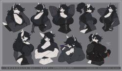  anthro big_breasts black_clothing black_hair black_shirt black_topwear bodysuit breasts canid canine canis cleavage clothed clothing collar eyewear female fur gwendolyn_mai hair hair_over_eye hair_over_eyes hi_res long_hair mammal midriff model_sheet muscular muscular_female one_eye_obstructed pose shirt skinsuit solo sunglasses tight_clothing topwear watermark white_body white_fur wmdiscovery93 wolf 