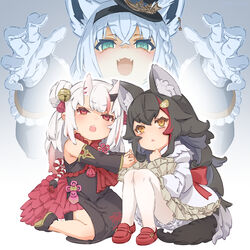  3girls aged_down animal_ear_fluff animal_ears ayafubumi_(hololive) bell black_hair brown_hair commentary_request detached_sleeves double_bun fox_ears fox_girl gloves grey_hair hair_bell hair_bun hair_ornament hairband highres hololive horns japanese_clothes jingle_bell lolicon long_hair multicolored_hair multiple_girls nakiri_ayame official_alternate_costume ookami_mio red_eyes red_hair shirakami_fubuki shirakami_fubuki_(aristocrat_kei) sitting skin-covered_horns streaked_hair tataki_tuna tears two-tone_hair virtual_youtuber wariza white_gloves white_hair wolf_ears wolf_girl 