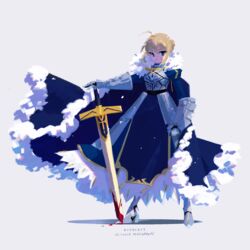  ahoge aiguillette armor armored_boots artoria_pendragon_(fate) blonde_hair blood blood_on_face blood_on_weapon blue_cape boots braid braided_bun breastplate cape character_name closed_mouth commentary_request dated excalibur_(fate/stay_night) fate/grand_order fate/stay_night fate_(series) female full_body fur-trimmed_cape fur_trim gauntlets grey_background hair_bun highres looking_at_viewer marina_(mrn9) saber_(fate) sidelocks simple_background solo standing sword weapon 