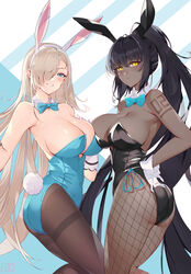  2girls absurdres animal_ears aqua_bow aqua_bowtie aqua_eyes aqua_leotard asuna_(blue_archive) asuna_(bunny)_(blue_archive) bare_shoulders black_hair black_leotard blue_archive blush bow bowtie breast_press breasts chinese_commentary closed_mouth commentary_request covered_navel cowboy_shot dark-skinned_female dark_skin detached_collar fake_animal_ears fishnet_pantyhose fishnets gloves hair_between_eyes hair_over_one_eye hand_on_own_chest hand_on_own_hip high_ponytail highleg highleg_leotard highres karin_(blue_archive) karin_(bunny)_(blue_archive) large_breasts leotard long_hair looking_back multiple_girls nayuko_(wuyou_nayuko) no_bra number_tattoo official_alternate_costume open_mouth pantyhose parted_bangs platinum_blonde_hair playboy_bunny rabbit_ears rabbit_tail sideboob sidelocks simple_background strapless strapless_leotard symmetrical_docking tail tattoo teeth thighband_pantyhose traditional_bowtie two-tone_background very_long_hair white_gloves wrist_cuffs yellow_eyes 