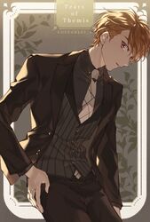  1boy artist_name black_shirt brown_eyes brown_hair brown_jacket brown_pants brown_vest formal highres jacket koeda_(k83_4) looking_at_viewer luke_pearce_(tears_of_themis) male_focus necktie open_clothes open_jacket open_mouth pants polo_shirt shirt short_hair solo tears_of_themis vest white_necktie 