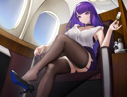  airplane_interior bangs black_bra black_footwear black_legwear blunt_bangs bra bra_peek breasts chair choker closed_mouth collarbone commentary crossed_legs dango dot_nose eyebrows_visible_through_hair female food garter_straps genshin_impact hand_up high_heels highres large_breasts long_hair looking_at_viewer miniskirt nail_polish pulled_by_self purple_eyes purple_hair purple_nails raiden_shogun sanshoku_dango shirt shoe_dangle sitting skirt sleeveless sleeveless_shirt solo steaming_body terebi_(shimizu1996) thighhighs thighs toe_cleavage underwear wagashi white_shirt window 