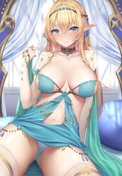  arm_support blonde_hair blue_eyes blush breasts breasts_apart choker cleavage closed_mouth collarbone commentary_request cowboy_shot crossed_bangs curtains detached_sleeves dress elf female green_dress hair_between_eyes hair_intakes hairband hand_up highres indoors jewelry large_breasts long_hair looking_at_viewer midriff mizuya_nao navel nose_blush on_bed original panties pantyshot pillow pointy_ears revealing_clothes ring shadow shawl sidelocks sitting skindentation solo strapless strapless_dress thighhighs underwear white_panties white_sleeves white_thighhighs window 