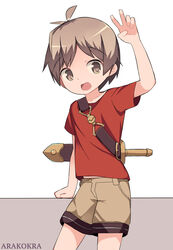  1boy arakokra brown_eyes brown_hair brown_shorts commentary dated_commentary fantasy highres hilt male_focus midriff_peek open_mouth original red_shirt shirt shorts sword v weapon 