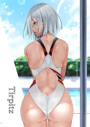  ass azur_lane blue_sky chain-link_fence character_name cloud cloudy_sky competition_swimsuit cowboy_shot day female fence flag_print highres imperial_war_flag looking_at_another looking_back looking_to_the_side one-piece_swimsuit open_mouth oriue_wato outdoors pool poolside purple_eyes short_hair sky solo swimsuit tirpitz_(azur_lane) tree wet wet_clothes wet_swimsuit 