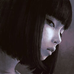  blunt_bangs blunt_ends commentary_request dark eyelashes female from_side head_tilt ilya_kuvshinov lips looking_at_viewer monochrome original parted_lips portrait realistic short_hair solo three_quarter_view 