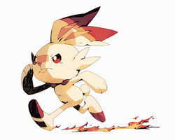  bluekomadori bright_pupils commentary fire from_side full_body no_humans pokemon pokemon_(creature) red_eyes running scorbunny simple_background solo white_background white_pupils 