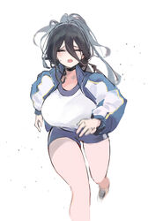  absurdres black_choker black_hair blue_archive blue_shorts blush breasts choker closed_eyes female gym_uniform hair_between_eyes hasumi_(blue_archive) hasumi_(track)_(blue_archive) highres jacket koio large_breasts long_hair long_sleeves looking_at_viewer no_halo no_wings official_alternate_costume open_clothes open_jacket open_mouth ponytail running running_towards_viewer shirt shorts simple_background solo sweat white_background white_shirt 