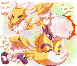  anthro anthro_pred bandai_namco belly big_belly digimon digimon_(species) digital_media_(artwork) english_text female freddymartin fur fur_markings hi_res leg_markings markings open_mouth purple_markings renamon solo text thigh_markings tomoe_(symbol) tongue tongue_out vore 