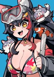  :d animal_ear_fluff animal_ears bikini black_choker black_hair black_jacket blush breasts brown_eyes choker cleavage clownfish female fish goggles goggles_on_head highres holding holding_knife hololive hosoi_kouzou jacket knife large_breasts leaf_print long_sleeves miofa_(ookami_mio) multicolored_hair oerba_yun_fang ookami_mio ookami_mio_(hololive_summer_2019) open_clothes open_jacket ponytail print_bikini red_hair sleeves_past_wrists smile solo streaked_hair swimsuit tropical_fish virtual_youtuber wolf_ears 