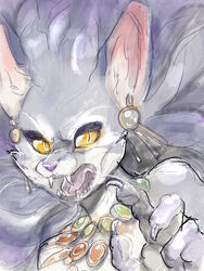  anthro belladonna_(trials_of_mana) claws conditional_dnp countershading ear_piercing fangs felid feline female fur grey_body grey_fur hair hi_res jewelry jonas looking_at_viewer mammal necklace open_mouth piercing purple_hair snarling solo teeth tongue trials_of_mana white_body white_fur yellow_eyes 