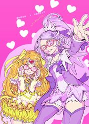  2girls adjusting_eyewear arm_warmers bespectacled boots brooch bubble_skirt choker chou_haijin_chiyo cure_muse_(yellow) cure_sword dokidoki!_precure earrings glasses hair_ornament hair_ribbon heart heart_brooch high_ponytail highres in-franchise_crossover jewelry kenzaki_makoto long_hair long_sleeves looking_at_viewer matching_eyewear medium_hair multiple_girls orange_hair precure purple_arm_warmers purple_choker purple_eyes purple_footwear purple_skirt red-framed_eyewear ribbon shirabe_ako shirt skirt smile spade_(shape) spade_earrings spade_hair_ornament suite_precure thigh_boots tiara yellow_choker yellow_ribbon yellow_shirt 