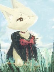  3:4 4_fingers ambiguous_gender anthro bangs black_cloak black_clothing blue_sky brown_eyes brown_nose canid canine choker cloak clothing cloud fingers fur grass hazuki_mikami_(hasukii) head_tilt hooki inner_ear_fluff jewelry kemono mammal necklace one_eye_obstructed plant pupils red_ribbon sky smile solo tuft white_inner_ear_fluff white_pupils yellow_body yellow_fur 