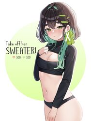  absurdres aqua_hair black_hair black_panties black_shirt black_sweater blush breasts cleavage cleavage_cutout closed_mouth clothing_cutout cowboy_shot crop_top cropped_sweater embarrassed english_text female green_eyes hair_ornament hairclip hand_on_own_chest hand_up highres indie_virtual_youtuber long_hair long_sleeves looking_at_viewer medium_breasts meme midriff multicolored_hair nannung navel no_pants panties saki.exe shirt solo standing stomach sweater thick_eyebrows thighs twitter_strip_game_(meme) two-tone_hair underwear virtual_youtuber 