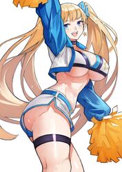  absurdres ass belt bikini bikini_top_only blonde_hair blue_eyes blush borrowed_character bow breasts choker cleavage commentary_request cropped_jacket female highres jacket large_breasts lina_(michihasu) long_hair long_sleeves miniskirt open_clothes open_jacket open_mouth original pom_pom_(cheerleading) simple_background skirt smile solo sparkle striped striped_bow swimsuit thigh_strap thighs twintails vertical-striped_bow vertical_stripes very_long_hair white_background white_bikini white_skirt yoshio_(55level) 