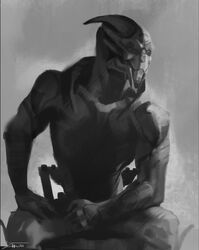  2022 alien bioware bodypaint dated digital_media_(artwork) electronic_arts face_paint gigachad hi_res looking_aside male malorne mass_effect meme monochrome nude signature sitting solo teeth turian 