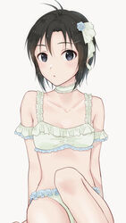  :o antenna_hair arm_support bikini black_eyes black_hair blush breasts choker cleavage commentary female frilled_bikini frills green_bikini hair_ornament hairclip highres idolmaster idolmaster_(classic) idolmaster_2 kikuchi_makoto knee_up looking_at_viewer mogskg open_mouth short_hair simple_background sitting sleeveless small_breasts solo swimsuit white_background white_choker 