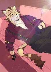  anthro clothing dress_shirt felid fur furniture gloves handwear hi_res leopard lifewonders male mammal markings ose_(tas) pantherine pecs ruentn shirt sleeping sofa solo spots spotted_body spotted_fur suspenders tokyo_afterschool_summoners topwear 