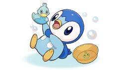  blue_eyes bowl brand_name_imitation bubble character_print commentary_request ducklett holding kerorin_(brand) no_humans official_art open_mouth piplup pokemon pokemon_(creature) politoed project_pochama rubber_duck solo themed_object toes tongue washbowl white_background 