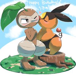  artist_name chizi commentary_request english_text full_body grass happy_birthday heart highres kissing no_humans nuzleaf one_eye_closed outdoors pokemon pokemon_(creature) smile standing tepig tree_stump 