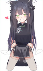  animal_ears black_dress black_hair blue_archive blush china_dress chinese_clothes clothes_lift dress eyebrows_visible_through_hair female green_eyes grin hair_ornament halo heart highres kneeling lifted_by_self long_hair looking_at_viewer pelvic_curtain pelvic_curtain_lift short_sleeves shun_(blue_archive) shun_(kid)_(blue_archive) simple_background smile solo thighhighs tsumayouji_(tumayog) white_background white_legwear 