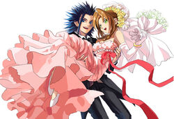  1boy aerith_gainsborough blue_eyes blue_hair bouquet bow brown_hair carrying da_huang dress elbow_gloves eyes_visible_through_hair female final_fantasy final_fantasy_vii fingernails flower formal frills gloves green_eyes hair_slicked_back holding holding_bouquet holding_person long_hair open_mouth photoshop_(medium) pink_dress princess_carry red_bow sakamoto_maaya simple_background smile suit suzumura_ken&#039;ichi teeth upper_teeth_only voice_actor_connection wedding_dress white_background white_gloves yellow_flower zack_fair 