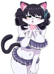  alternative_fashion anthro big_breasts bikini black_hair blue_eyes blush breasts clothing cyan_hijirikawa domestic_cat felid feline felis female fur hair heart_symbol hi_res huge_breasts j-fashion kissing mammal navel one_eye_closed open_mouth sanrio seductive short_hair show_by_rock!! simple_background solo swimwear white_body white_fur zekkymzn 