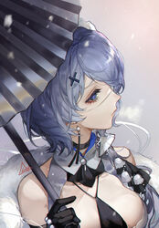  arknights bare_shoulders black_choker black_gloves black_neckwear blue_eyes blue_hair breasts breath chinese_commentary choker commentary_request earrings eyepatch female gloves hair_ornament highres holding holding_umbrella jewelry large_breasts looking_away looking_to_the_side official_alternate_costume oil-paper_umbrella one_eye_covered short_hair solo spade-m umbrella upper_body whisperain_(arknights) whisperain_(tremble_cold)_(arknights) x_hair_ornament 