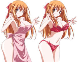  2girls adjusting_bra adjusting_clothes apron bow bow_panties bra breasts brown_eyes cleavage closed_mouth commentary dual_persona hairbow half_updo hanamaru_youchien kikuchi_tsutomu large_breasts looking_at_viewer multiple_girls naked_apron navel one_eye_closed orange_hair panties pink_apron red_bow red_bra red_panties simple_background smile standing underwear underwear_only white_background yamamoto_nanako 