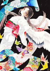  absurdres animal_print bird bird_girl bird_print bird_wings black_background black_hair black_sky commentary crane_(animal) fabric feathered_wings female floral_print flying from_side gradient_hair grey_eyes grey_hair head_tilt highres japanese_clothes karin_(salmonosushi) kimono long_hair long_sleeves looking_at_viewer looking_to_the_side marker_(medium) multicolored_hair obi obijime origami original paper_crane parted_bangs print_kimono red_sash sash silk sky socks solo spread_wings star_(sky) starry_background starry_sky straight_hair tabi traditional_media tsuru_no_ongaeshi white_kimono white_socks wide_sleeves winged_arms wings 