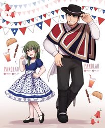  1boy absurdres belt black_hair blush chile chilean_flag collared_shirt dress facial_hair female frills goatee green_eyes green_hair handkerchief hat highres igarashi_futaba_(shiromanta) mary_janes medium_hair panqlao pants poncho puffy_short_sleeves puffy_sleeves senpai_ga_uzai_kouhai_no_hanashi shirt shoes short_hair short_sleeves smile sombrero stubble takeda_harumi_(shiromanta) thick_eyebrows 