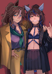  2girls \n/ absurdres alternate_costume animal_ears aqua_eyes blue_hair brown_hair coat collarbone commentary daitaku_helios_(umamusume) ear_covers ear_ornament english_commentary fuyukayui gold_trim green_neckerchief high_ponytail highres horse_ears horse_girl horse_tail jacket jacket_on_shoulders mejiro_palmer_(umamusume) midriff multicolored_hair multiple_girls neckerchief o-ring o-ring_top pants pleated_skirt purple_shirt shirt skirt streaked_hair tail two-tone_hair umamusume white_hair yellow_eyes yellow_pants 