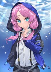  :o air_bubble arknights blue_eyes blue_jacket blue_poison_(arknights) blue_poison_(elite_ii)_(arknights) blush bubble collared_shirt commentary female finger_to_mouth highres hood hood_up hooded_jacket jacket kuronosu_(yamada1230) long_sleeves looking_at_viewer low_twintails open_clothes open_jacket open_mouth pink_hair shirt solo suspenders swept_bangs twintails underwater upper_body white_shirt 