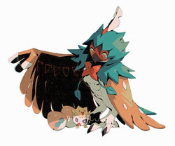  :d beak bird black_eyes bluekomadori closed_mouth commentary decidueye egg feather_hair feathers green_feathers looking_down no_humans open_mouth orange_eyes owl plume pokemon pokemon_(creature) pokemon_egg red_pupils simple_background smile togepi white_background white_feathers winged_arms wings 