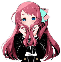  black_dress black_neckwear blue_eyes blush bow closed_mouth commentary da_huang dress female green_bow hairbow half-closed_eyes holding holding_own_hair long_hair long_sleeves looking_at_viewer minamoto_sakura photoshop_(medium) pink_bow pink_hair polka_dot polka_dot_bow simple_background smile solo swept_bangs two-tone_bow upper_body white_background zombie_land_saga 