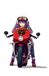  brown_hair female goggles goggles_on_headwear helmet highres jacket jagi_(jagi_souken) long_hair looking_at_viewer motor_vehicle motorcycle motorcycle_helmet mv_agusta_superveloce smile solo toki_ayano white_background yurucamp 