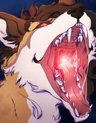  ambiguous_gender black_nose black_sclera bodily_fluids brown_ears brown_hair canid canine fangs fox fur glowing glowing_eyes glowing_throat hair hi_res lionfloof mammal mouth_shot open_mouth orange_body orange_fur red_eyes red_tongue saliva saliva_string simple_background solo teeth tongue white_body white_fur 