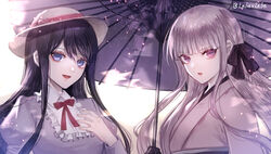  2girls :d alternate_costume artist_name black_hair blue_eyes danganronpa:_trigger_happy_havoc danganronpa_(series) frills hand_up japanese_clothes juliet_sleeves kimono kirigiri_kyoko long_hair long_sleeves looking_at_viewer maizono_sayaka multiple_girls neck_ribbon obi oil-paper_umbrella pink_eyes pink_hair pink_headwear pink_kimono puffy_sleeves red_ribbon ribbon sash smile umbrella upper_body z-epto_(chat-noir86) 