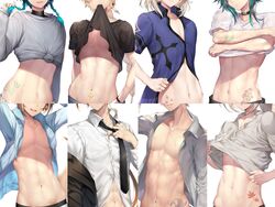  6+boys abs absurdres aether_(genshin_impact) albedo_(genshin_impact) black_necktie blonde_hair blue_shirt brown_hair brown_shirt buttons close-up closed_mouth clothes_lift collarbone collared_shirt commentary cropped dog_boy dog_tail dress_shirt genshin_impact gorou_(genshin_impact) grey_shirt highres kaedehara_kazuha long_sleeves male_focus midriff midriff_peek mouth_hold multiple_boys nasaniliu navel navel_piercing necktie oerba_yun_fang open_clothes open_mouth open_shirt otoko_no_ko piercing print_shirt shirt shirt_lift short_sleeves smile tail tartaglia_(genshin_impact) tattoo toned toned_male twintails venti_(genshin_impact) wet wet_clothes wet_shirt white_shirt xiao_(genshin_impact) zhongli_(genshin_impact) 