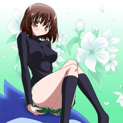  black_shirt black_socks blush breasts brown_eyes brown_hair closed_mouth commentary female floral_background green_background green_skirt kikuchi_tsutomu kneehighs light_frown long_sleeves looking_at_viewer mawaru_penguindrum medium_breasts miniskirt oginome_ringo pleated_skirt shirt short_hair sitting skirt skirt_tug socks solo turtleneck 