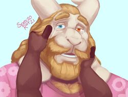  2021 anthro asgore_dreemurr beard blonde_hair blue_eyes bodily_fluids body_hair boss_monster_(undertale) bovid bust_portrait caprine caressing caressing_face chest_hair crying duo eyebrows facial_hair flower_shirt fur goat hair hand_on_face heterochromia horn long_hair male mammal mature_anthro mature_male moustache open_mouth overweight portrait raised_eyebrows red_eyes sad signature simple_background spectral-bat tears teeth undertale undertale_(series) white_body white_fur 