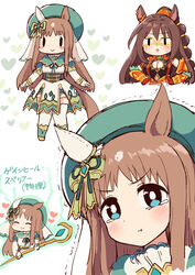  2girls animal_ears blush blush_stickers breasts brown_hair chibi cleavage commentary_request domino_mask ear_covers ear_ornament el_condor_pasa_(kukulkan_monk)_(umamusume) el_condor_pasa_(umamusume) grass_wonder_(saint_jade_healer)_(umamusume) grass_wonder_(umamusume) hand_on_own_hip hat heart highres holding holding_staff horse_ears horse_girl horse_tail large_breasts long_hair mask multiple_girls multiple_views official_alternate_costume ponytail pout simoyuki simple_background single_ear_cover staff tail tearing_up translation_request umamusume very_long_hair white_background |_| 