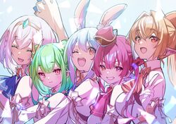  5girls :3 :d ;d ^_^ animal_ear_fluff animal_ears arm_up arrow_through_heart ascot asymmetrical_hair blonde_hair blue_hair blue_neckwear blush braid breasts closed_eyes closed_mouth collared_dress commentary detached_sleeves double_bun dress french_braid green_hair green_ribbons grey_hair grin hair_between_eyes hair_bun hair_ornament hat heterochromia highres hololive hololive_fantasy hololive_fantasy_anniversary_outfit houshou_marine idol light_blue_hair lineup long_hair looking_at_viewer medium_breasts medium_hair mini_hat multiple_girls neck_ribbon official_alternate_costume one_eye_closed open_mouth orange_ascot pointy_ears rabbit-shaped_pupils rabbit_ears red_ascot red_eyes red_hair ribbon shiranui_flare shirogane_noel short_hair shuri_(84k) single_braid smile symbol-shaped_pupils thick_eyebrows tiara twintails upper_body uruha_rushia usada_pekora v v-shaped_eyebrows virtual_youtuber white_hair wing_collar yellow_eyes 