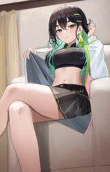  aqua_hair bare_legs black_hair black_shirt black_skirt breasts closed_mouth crop_top crossed_legs expressionless feet_out_of_frame female green_eyes hair_ornament hairclip hand_up highres indie_virtual_youtuber jacket large_breasts long_hair long_sleeves looking_at_viewer midriff miniskirt multicolored_hair nannung navel open_clothes open_jacket pleated_skirt saki.exe shirt sitting skirt solo stomach taut_clothes taut_shirt thick_eyebrows thighs two-tone_hair virtual_youtuber white_jacket 